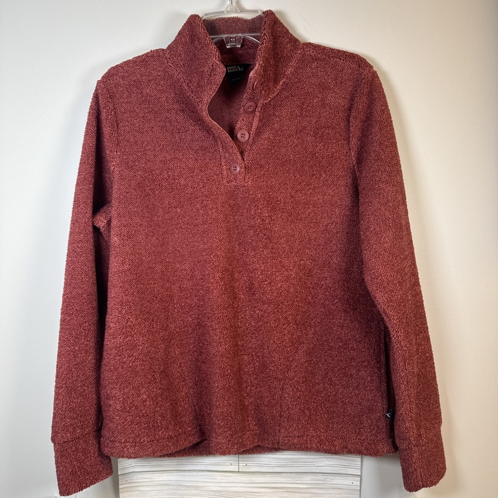 Eddie Bauer Fleece Pullover Women S Rust Brown 4 Button Henley Mock Neck Sweater